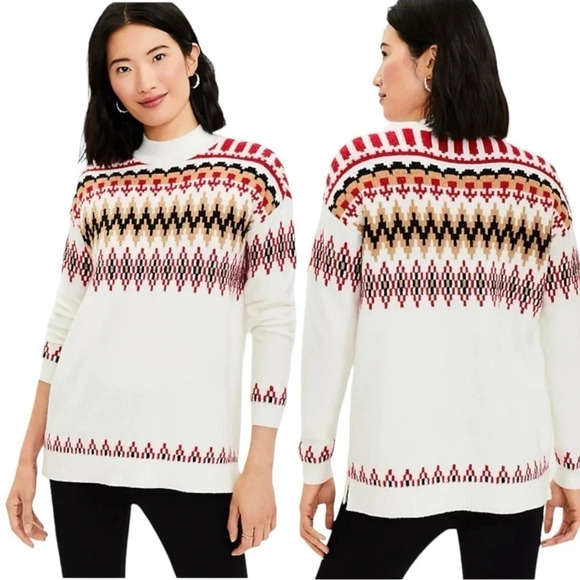 Loft Petite Fair Isle Mock Neck Tunic Sweater in Whisper White Size MP NEW - Picture 1 of 8